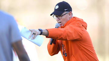 Clemson defensive coordinator Tom Allen during the first football practice at the Allen N. Reeves Football Complex at Clemson University in Clemson, S.C. Friday, February 28, 2025.