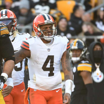 Jan 8, 2023; Pittsburgh, Pennsylvania, USA;  Cleveland Browns quarterback Deshaun Watson (4) shares a laugh with Pittsburgh Steelers defensive end Cameron Heyward (97) during the third quarter at Acrisure Stadium. Mandatory Credit: Philip G. Pavely-USA TODAY Sports