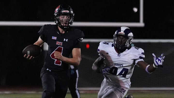 Senior quarterback Carson Miller (4) and the Rye Garnets are off to a 4-0 start this season. Senior quarterback Carson Miller (4) and the Rye Garnets are off to a 4-0 start this season.
