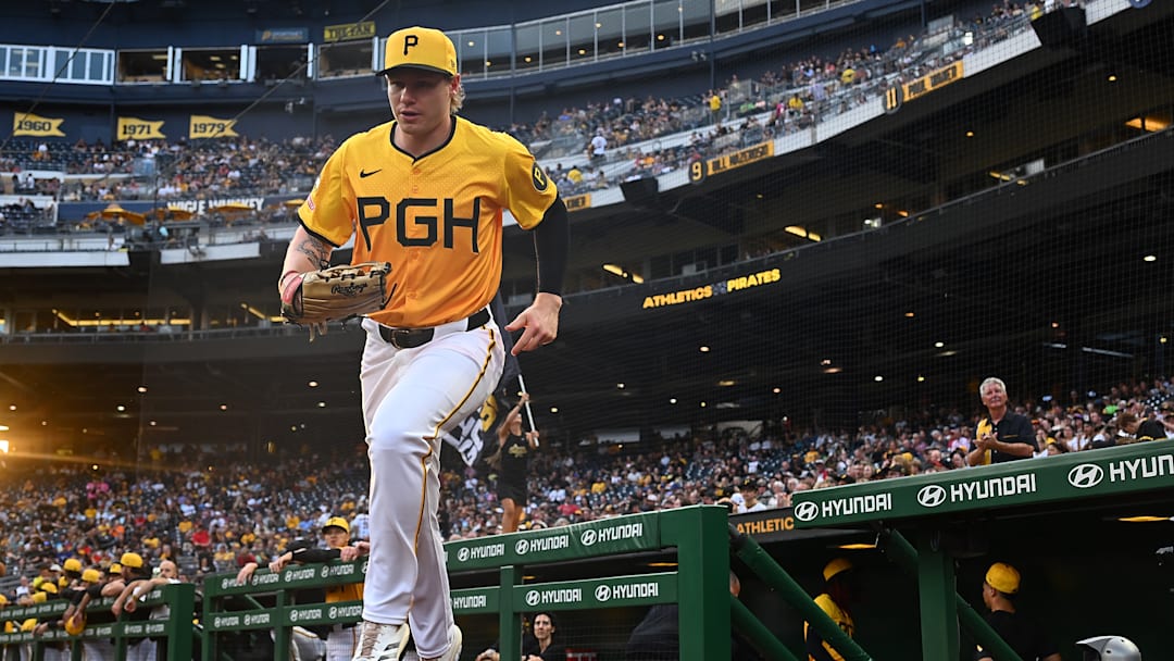 Pittsburgh Pirates outfielder Jack Suwinski takes the field against the Athletics.