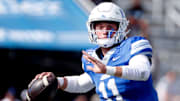 Middle Tennessee quarterback Nicholas Vattiato (11) looks for a receiver to passes the ball during the MTSU Homecoming game against Duke, on Saturday, Sept. 21, 2024.