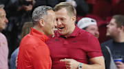 Iowa State Cyclones men's basketball head coach T. J. Otzelberger greets Texas Tech Red Raiders men's basketball head coach Grant McCasland before the game in the Big-12 conference showdown of a NCAA college basketball at Hilton Coliseum on Feb. 17, 2024, in Ames, Iowa.