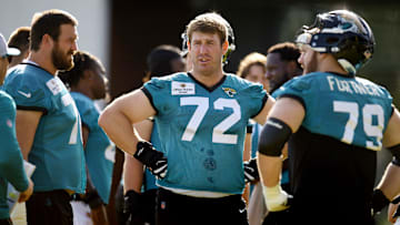 Jacksonville Jaguars guard Blake Hance (73), offensive tackle Walker Little (72), and center Luke Fortner (79) on the field during the fourth day of the NFL football training camp practice session Saturday, July 27, 2024 at EverBank Stadium's Miller Electric Center in Jacksonville, Fla.