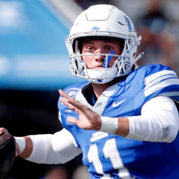 Middle Tennessee quarterback Nicholas Vattiato (11) looks for a receiver to passes the ball during the MTSU Homecoming game against Duke, on Saturday, Sept. 21, 2024.