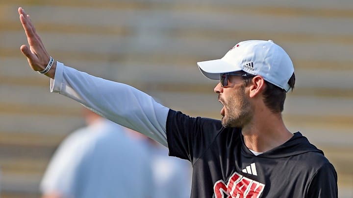 Jacksonville State Offensive Coordinator Clint Trickett gives instructions during spring football action in Jacksonville, Alabama April 17, 2025. (Dave Hyatt / Hyatt Media LLC)