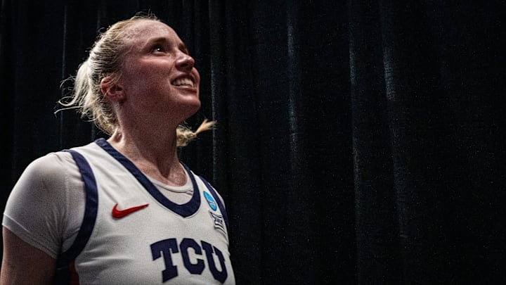 TCU Horned Frogs guard Hailey Van Lith (10) celebrates as she heads to the locker room after winning the NCAA Playoff Regional semi-final game against Notre Dame at Legacy Arena in Birmingham Alabama, March 29, 2025.