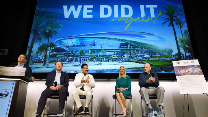 Jaguars president Mark Lamping, owner Shad Khan, Jacksonville Mayor Donna Deegan, and the city of Jacksonville's chief negotiator on the stadium deal Mike Weinstein at the Jaguars Miller Electric Center Wednesday, June 26, 2024.