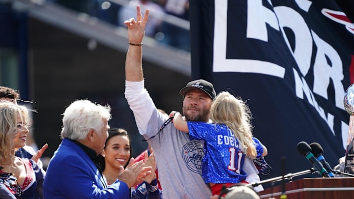 Former New England Patriots Julian Edelman is honored during halftime against the New Orleans Saints at Gillette Stadium. Former New England Patriots Julian Edelman is honored during halftime against the New Orleans Saints at Gillette Stadium.