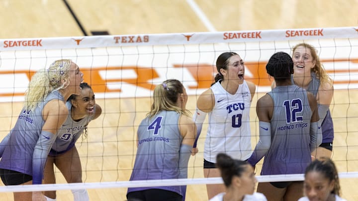 Sept. 17, 2025: TCU Volleyball players celebrate a point scored in a match against the No. 2 Texas Longhorns.