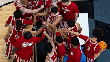 The Indiana Hoosiers huddle Thursday, March 13, 2025, before their game against the Oregon Ducks in the 2025 TIAA Big Ten Men’s Basketball Tournament at Gainbridge Fieldhouse in Indianapolis.