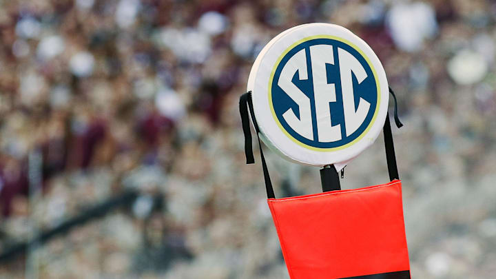 Sep 3, 2016; College Station, TX, USA; The SEC logo on the chains during a game between the Texas A&M Aggies and the UCLA Bruins at Kyle Field. Texas A&M won in overtime 31-24. Mandatory Credit: Ray Carlin-Imagn Images