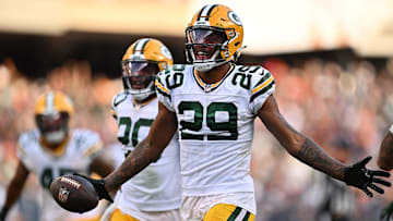 Green Bay Packers cornerback Rasul Douglas (29) celebrates after receiving a fumble in the second half against the Chicago Bears at Soldier Field.