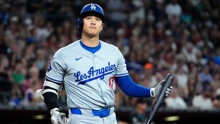 Los Angeles Dodgers Shohei Ohtani (17) reacts after hitting a foul ball against the Arizona Diamondbacks in the third inning at Chase Field in Phoenix on Monday, Sept. 2, 2024.