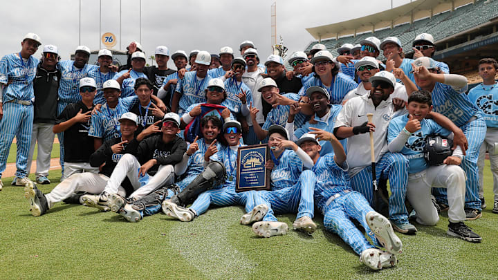 The Carson High baseball team celebrates its first City title in program history after completing a 3-1 comeback victory over Banning on Saturday, May 24, 2025 at Dodger Stadium. The Carson High baseball team celebrates its first City title in program history after completing a 3-1 comeback victory over Banning on Saturday, May 24, 2025 at Dodger Stadium.