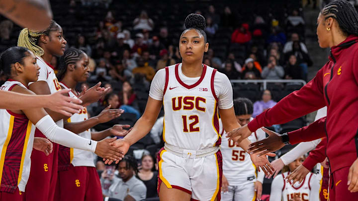 USC Trojans guard JuJu Watkins (12) is announced with starting lineup before their game in the Acrisure Series in Palm Desert, Calif., Wednesday, Nov. 27, 2024. USC Trojans guard JuJu Watkins (12) is announced with starting lineup before their game in the Acrisure Series in Palm Desert, Calif., Wednesday, Nov. 27, 2024.