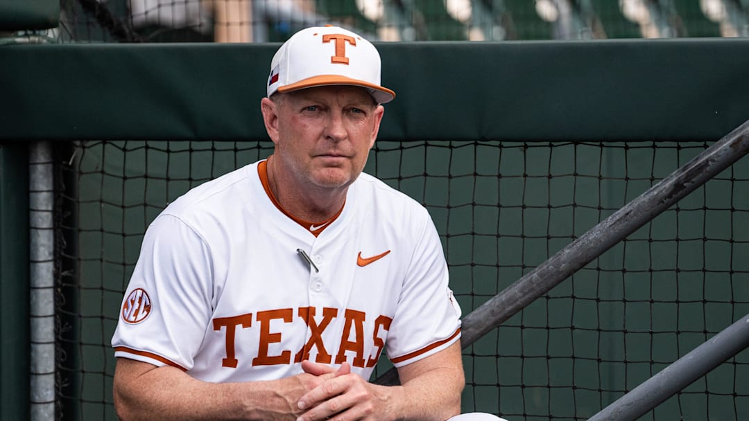Texas Baseball coach Jim Schlossnagle watches from the dugout as the Longhorns prepare to take on the Auburn Tigers in the first game of a three-game series on Thursday night at UFCU Disch-Falk Field in Austin, April 17, 2025.