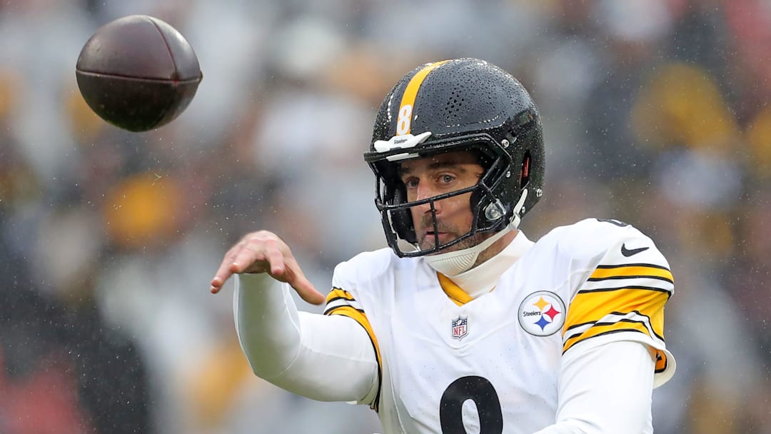 Pittsburgh Steelers quarterback Aaron Rodgers (8) fires off a pass during the first half of an NFL football game at Huntington Bank Field, Dec. 28, 2025, in Cleveland, Ohio.