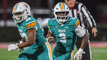 Mountain View Preparatory junior Jaylen McGill (2) runs against Woodruff High during the first quarter at Newberry College Bailey Memorial Stadium in Newberry, S.C. Friday, October 18, 2024.