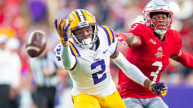 LSU's Kyren Lacy lets the ball slip from his hands against Nicholls.