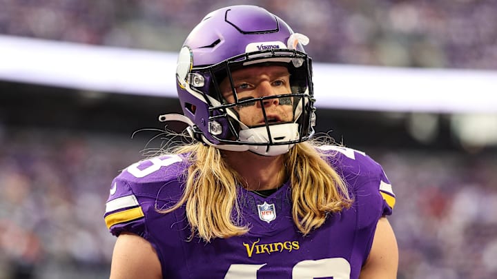 Dec 8, 2024; Minneapolis, Minnesota, USA; Minnesota Vikings linebacker Andrew Van Ginkel (43) looks on before the game against the Atlanta Falcons at U.S. Bank Stadium. Mandatory Credit: Matt Krohn-Imagn Images