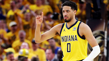 Indiana Pacers guard Tyrese Haliburton (0) during Game 6 of the 2025 NBA Finals against the Oklahoma City Thunder.