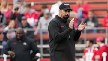 Nov 4, 2023; Piscataway, New Jersey, USA; Ohio State Buckeyes head coach Ryan Day watches warm-ups prior to the NCAA football game against the Rutgers Scarlet Knights at SHI Stadium. Ohio State won 35-16.