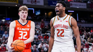 Maryland Terrapins forward Jordan Geronimo (22) celebrates Friday, March 14, 2025, in a quarterfinals game at the 2025 TIAA Big Ten Men’s Basketball Tournament between the Maryland Terrapins and the Illinois Fighting Illini at Gainbridge Fieldhouse in Indianapolis. The Maryland Terrapins defeated the Illinois Fighting Illini, 88-65.