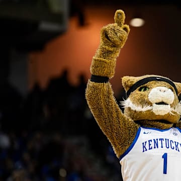 The Wildcats' mascot played to the crowd during Kentucky basketball's Blue-White scrimmage tipped off at Northern Kentucky University on Saturday, Oct. 21, 2023.