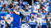 Kentucky quarterback Brock Vandagriff (12) dropped back for a pass during the Kentucky Wildcats' Blue White scrimmage at Kroger Field on Saturday afternoon in Lexington, Kentucky. April 13, 2024