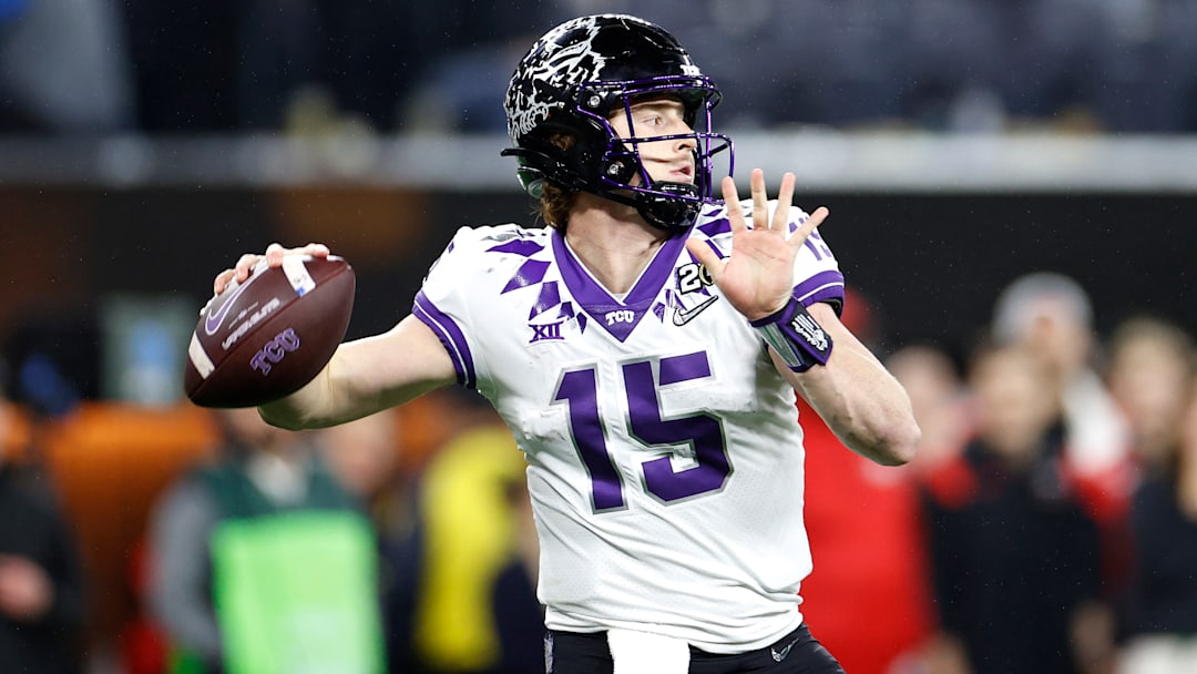 Max Duggan #15 of the TCU Horned Frogs looks to pass in the second quarter against the Georgia Bulldogs in the College Football Playoff National Championship game at SoFi Stadium on January 09, 2023 in Inglewood, California.