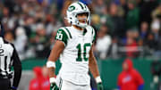 Oct 14, 2024; East Rutherford, New Jersey, USA; New York Jets wide receiver Allen Lazard (10) reacts after catching a pass for a first down against the Buffalo Bills during the second half at MetLife Stadium.