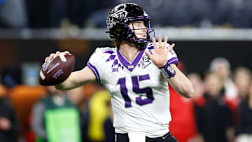 Max Duggan #15 of the TCU Horned Frogs looks to pass in the second quarter against the Georgia Bulldogs in the College Football Playoff National Championship game at SoFi Stadium on January 09, 2023 in Inglewood, California.