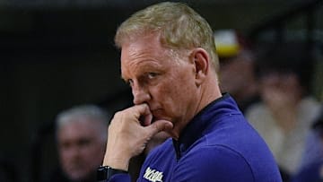 Kansas State Wildcats women basketball head coach coach Jeff Mittie watches the fourth quarter match against Iowa State in the Big-12 women’s basketball at Hilton Coliseum on Sunday, March 2, 2025, in Ames, Iowa.