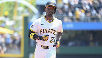 Jun 11, 2025; Pittsburgh, Pennsylvania, USA;  Pittsburgh Pirates designated hitter Andrew McCutchen (22) rounds the bases after hitting a home run against the Miami Marlins during the fifth inning at PNC Park. The home run was his 241st and putting him ahead of Roberto Clemente on the Pirates all-time home run lsist with 241. Mandatory Credit: Philip G. Pavely-Imagn Images
