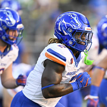 Sep 7, 2024; Eugene, Oregon, USA; Boise State Broncos running back Ashton Jeanty (2) warms up before a game against the Oregon Ducks at Autzen Stadium. Mandatory Credit: Troy Wayrynen-Imagn Images