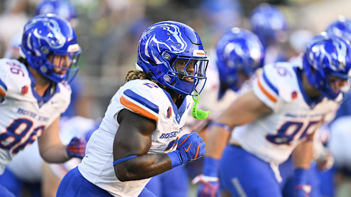 Sep 7, 2024; Eugene, Oregon, USA; Boise State Broncos running back Ashton Jeanty (2) warms up before a game against the Oregon Ducks at Autzen Stadium. Mandatory Credit: Troy Wayrynen-Imagn Images