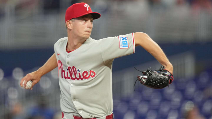 Jun 16, 2025; Miami, Florida, USA; Philadelphia Phillies pitcher Mick Abel (40) pitches against the Miami Marlins in the first inning at loanDepot Park. Jun 16, 2025; Miami, Florida, USA; Philadelphia Phillies pitcher Mick Abel (40) pitches against the Miami Marlins in the first inning at loanDepot Park.