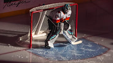 Coachella Valley goalie Nikke Kokko takes his spot in the goal before their game at Acrisure Arena in Palm Desert, Calif., Wednesday, Jan. 29, 2025.