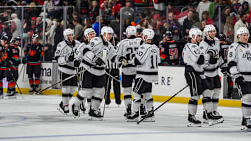 Ontario Reign players celebrate a win over the Coachella Valley Firebirds after a shootout at Acrisure Arena in Palm Desert, Calif., Saturday, Dec. 28, 2024.