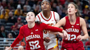 Indiana Hoosiers forward Lilly Meister (52) and guard Yarden Garzon (12) box out Friday, March 7, 2025, against USC Trojans center Clarice Akunwafo (34) during the Big Ten women's tournament at Gainbridge Fieldhouse in Indianapolis.