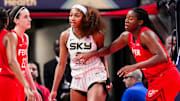 Chicago Sky forward Angel Reese (5) reacts to a flagrant foul from Indiana Fever guard Caitlin Clark (22) on Saturday, May 17, 2025, during a game between the Indiana Fever and the Chicago Sky at Gainbridge Fieldhouse in Indianapolis. The Indiana Fever defeated the Chicago Sky, 93-58.