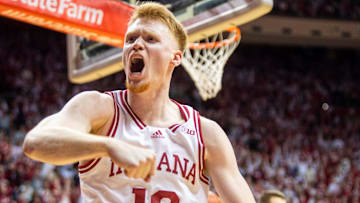 Indiana's Luke Goode (10) celebrates during the Indiana versus Purdue mens basketball game at Simon Skjodt Assembly Hall on Sunday, Feb. 23, 2025.