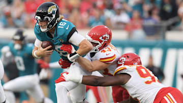 Kansas City Chiefs linebacker Jack Cochrane (43) and defensive tackle Matt Dickerson (93) make the sack on Jacksonville Jaguars quarterback Trevor Lawrence (16) during late first quarter action. The Jaguars led 20 to 10 at the end of the first half. The Jacksonville Jaguars hosted the Kansas City Chiefs in the Jaguars first preseason game of the season Saturday, August10, 2024 at EverBank Stadium in Jacksonville, Fla. [Bob Self/Florida Times-Union]
