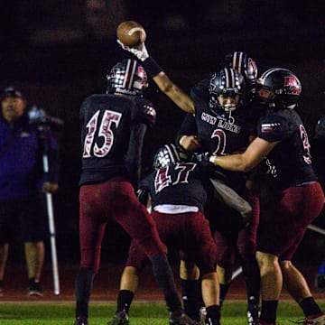 Red Mountain Mountain Lions celebrates after Red Mountain Mountain Lions Andrew Bonham (2) intercepts a pass to the end zone in the second half of the Red Mountain High School vs. Queen Creek High School 6A semifinals game Friday, November 22, 2019 at Westbrook High School in Mesa. (Nicole Neri/The Republic)

Cent02 783ix503j525eov8frw Original