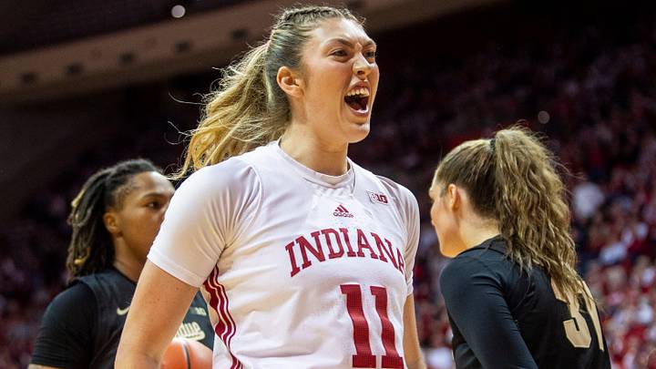Indiana's Karoline Striplin (11) celebrates during the Indiana versus Purdue women's basketball game at Simon Skjodt Assembly Hall on Saturday, Feb. 15, 2025.