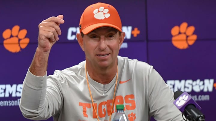 Clemson football head coach Dabo Swinney talks with media before the first football practice at the Allen N. Reeves Football Complex at Clemson University in Clemson, S.C. Friday, February 28, 2025.