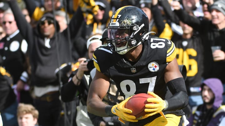 Oct 8, 2023; Pittsburgh, Pennsylvania, USA;  Pittsburgh Steelers special teams player Rodney Williams (87) celebrates a safety against the Baltimore Ravens after a blocked punt during the fourth quarter at Acrisure Stadium. Mandatory Credit: Philip G. Pavely-USA TODAY Sports