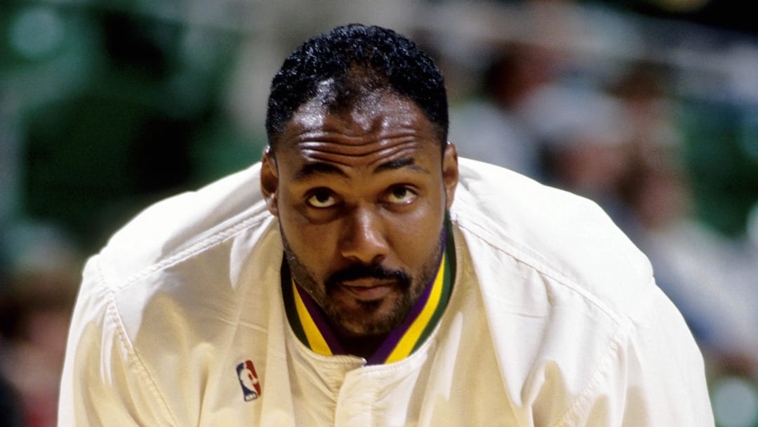 Apr 14, 1994; Salt Lake City, UT, USA; FILE PHOTO; Utah Jazz forward Karl Malone (32) prior to a game against the San Antonio Spurs at the Delta Center. Mandatory Credit: Imagn Images