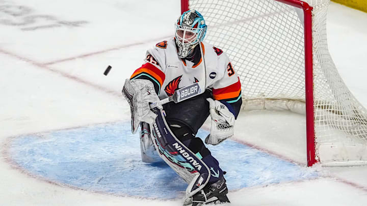 Coachella Valley goalie Nikke Kokko blocks a shot during the first period of their game at Acrisure Arena in Palm Desert, Calif., Wednesday, Jan. 29, 2025. Coachella Valley goalie Nikke Kokko blocks a shot during the first period of their game at Acrisure Arena in Palm Desert, Calif., Wednesday, Jan. 29, 2025.