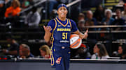 May 28, 2025; Washington, District of Columbia, USA; Indiana Fever guard Sydney Colson (51) reacts to a call from the referee in the first quarter against the Washington Mystics at Entertainment & Sports Arena. Mandatory Credit: Emily Faith Morgan-Imagn Images